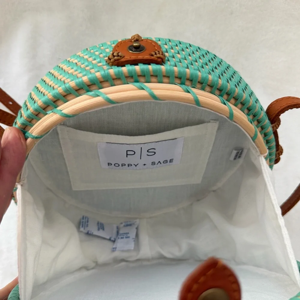 POPPY & SAGE Camilla Aqua Turquoise Woven Rattan Circle Crossbody Handmade NEW